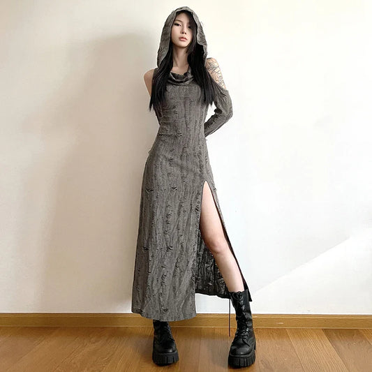 jinran Waste Soil Style Distressed Hooded Dress Elegant Slim Slimming and Shoulder Hollow Design for Women Spring Summer