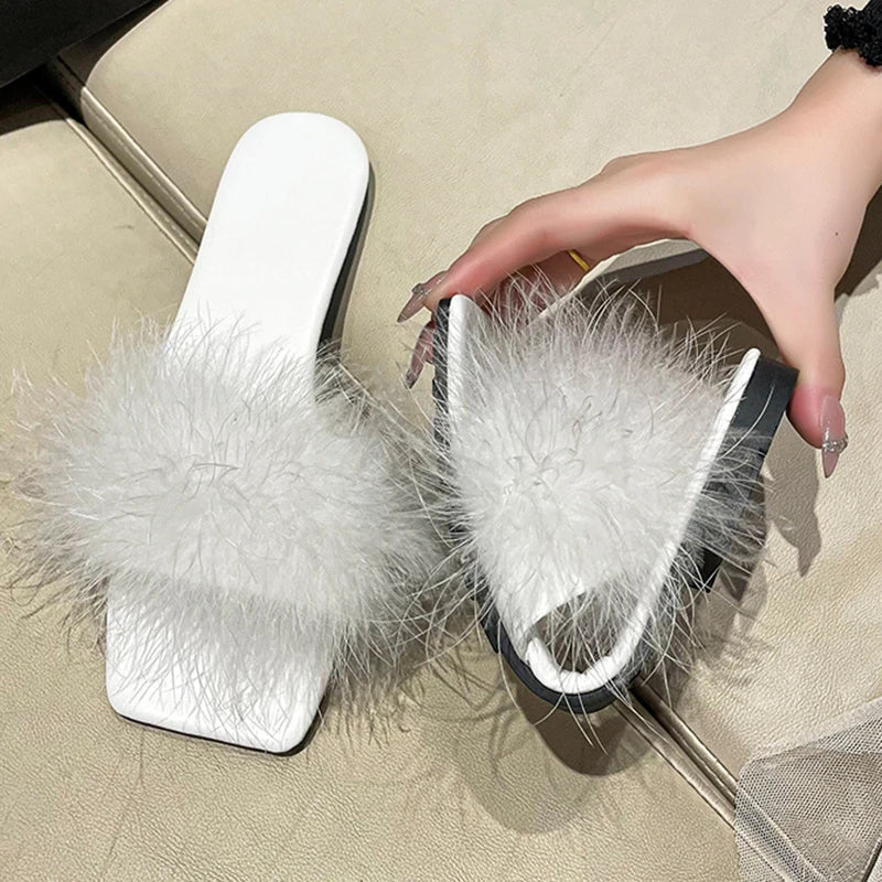 jinran Blue Summer Flat Fur Slipper Women 2024 Soft Bottom Non Slip Slides Shoes Woman Fashion Square Toe Fluffy Slippers