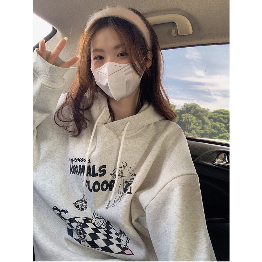 jinran Korean Grey New Autumn Clothing Vintage Loose Pullover Fashion Letter Print Sweatshirt Lazy Casual Raglan Sleeves Hoodie Ladies