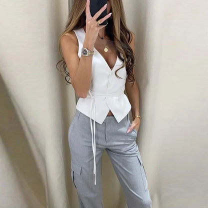 jinran Elegant Chic Lace-up V-neck Women Vest Solid Slim Sleeveless Tops Female 2024 Spring Summer Fashion Sexy Lady Streetwear