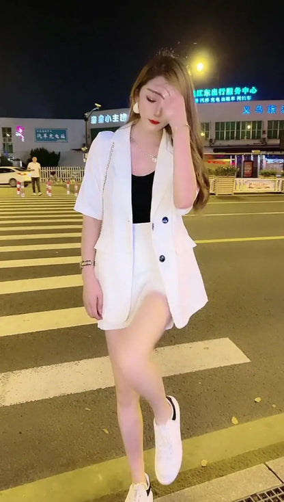 jinran Korean Popular Summer New Elegant Women's Shorts Suit Casual Short Sleeve Jacket Shorts Two Piece Set Female Tracksuit Coat