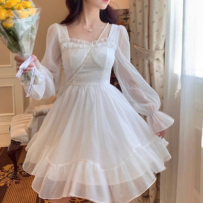 jinran French Sweet Fairy Lolita Dress Women Long Sleeve Lace Y2k Mini Dress Vintage Kawaii Clothes One Piece Dress Korean Summer