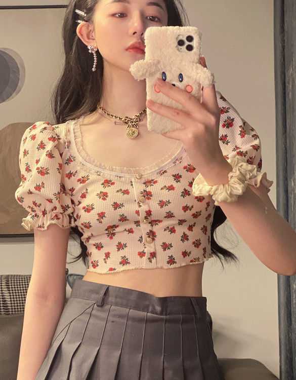 jinran Elegant French Style Summer Women Puff Sleeve Floral T shirts Casual Lace Patchwork Slim Cropped Tops Streetwear Harajuku Tee