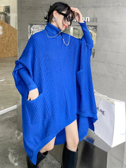 jinran Women Blue Irregular Back Long Big Size Knitting Dress New Turtleneck Long Sleeve Fashion Tide Spring Autumn 2024 1DF9757