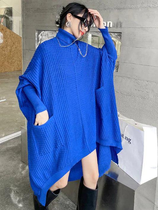 jinran Women Blue Irregular Back Long Big Size Knitting Dress New Turtleneck Long Sleeve Fashion Tide Spring Autumn 2024 1DF9757