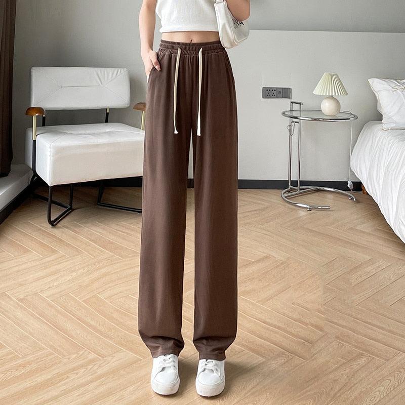 jinran Girls' New Summer Slim Ice Silk Quick Drying Wide Leg Pants Women'S Fashion Trend Versatile Anti Mosquito Straight Trousers