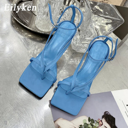 jinran New Fashion Pinch Narrow Band Women Sandals 2024 Summer Square Open Toe Ankle Buckle Strap High Heels Ladies Shoes