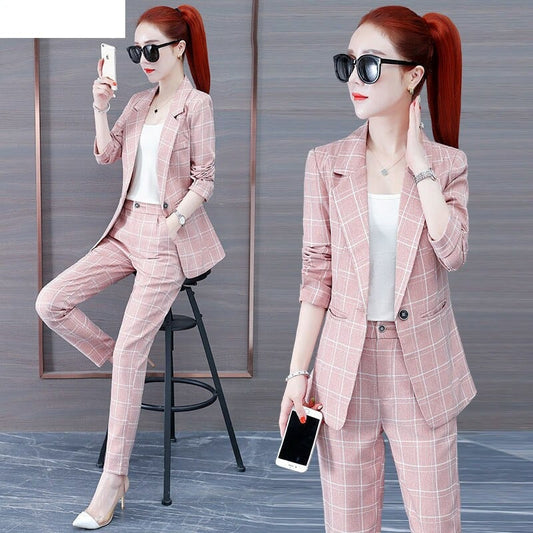 jinran Summer New Korean Fashion Elegant Women's Pants Suit Thousand Bird Lattice Slim Fit Jacket White Vest Trousers Three Piece Set