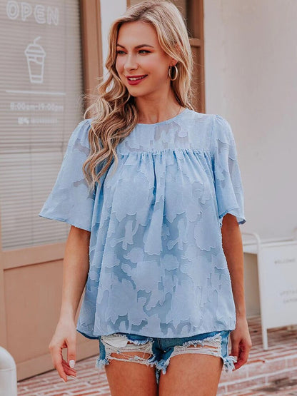 jinran Women Summer Short Sleeve Lace Jacquard Loose Blouse Elegant Solid Sweet Kawaii Shirts Korean Fashion Hollow Out Chiffon Tops