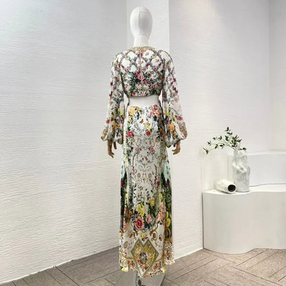 jinran White Floral Print Long Sleeve Cut Out Ankle-length Dress