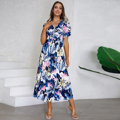 jinran Women Autumn Outfits Short Sleeve Sexy V-Neck Slim Bohemian Print Dress Popular Printed Summer Dress Women