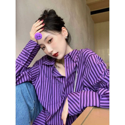 jinran Purple Striped Shirt Fashion Women Blouses Casual Youth Long Sleeve Tunics Women's Clothing Spring Summer Tops