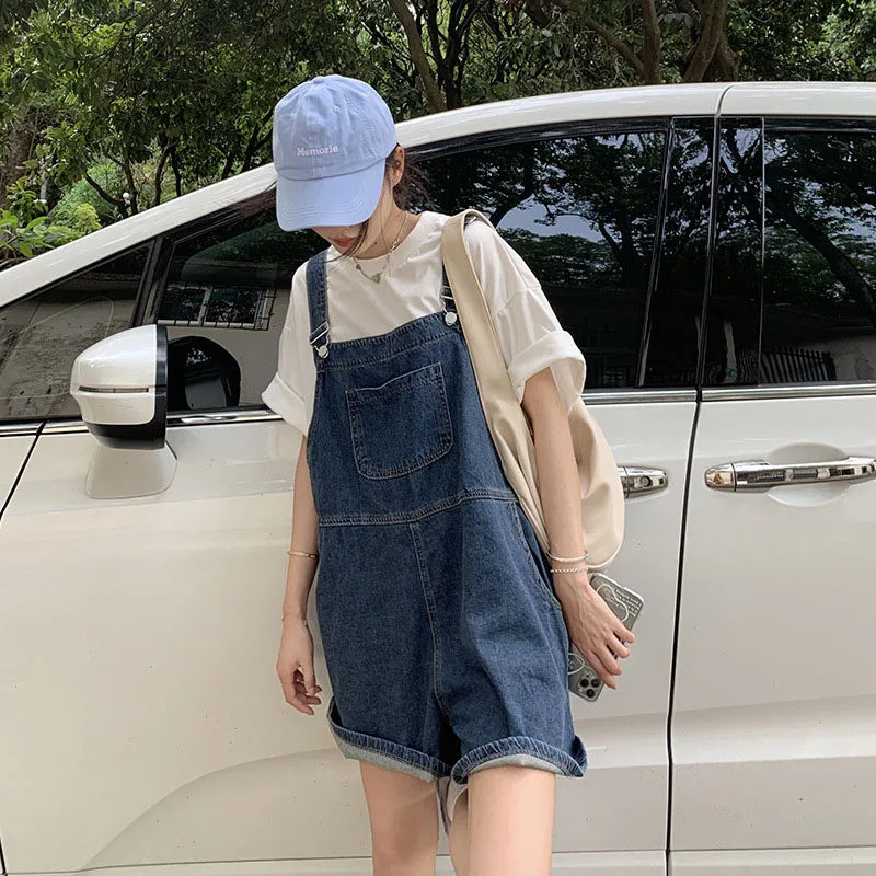 jinran  Vintage Blue Jean Jumpsuit Women Summer Korean Fashion High Waist Loose Square Collar Playsuits Sleeveless Sweet Rompers