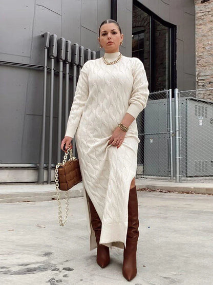 jinran White Knitted Dress Lady Long and Elegant Plus Size Clothes Sweater Dresses for Women Thick Winter Dress Wholesale Dropshipping