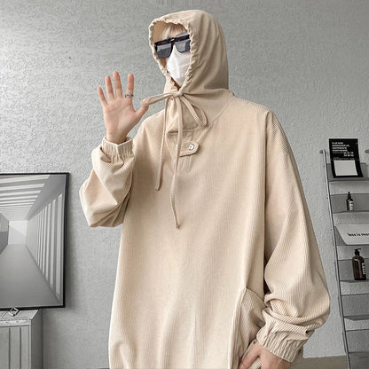 Casual Solid Hooded Corduroy Pullovers Men's Long Sleeve Autumn New Big Pocket Loose Sweatshirt Hoodies Oversized Loose Tops