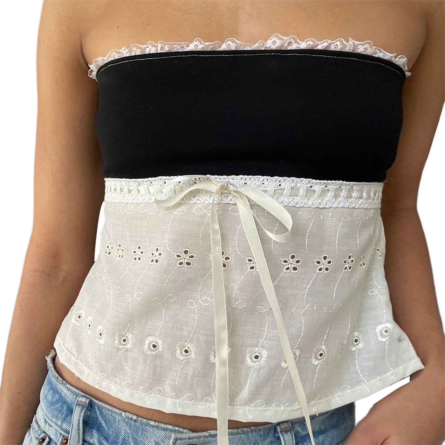 jinran Cute Off Shoulder Top y2k Women Summer Sleeveless Lace Trim Patchwork Strapless Tee Fairycore 2000s Clothes Streetwear