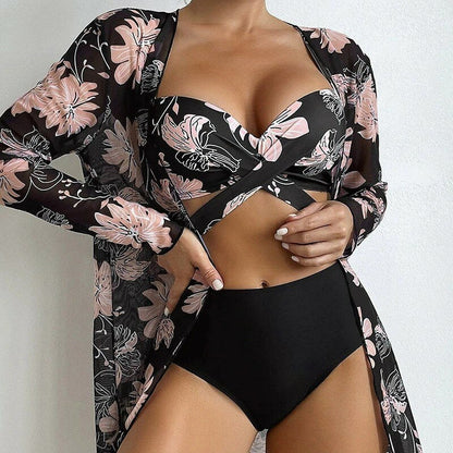 jinran New Bikini Sexy Mesh Three-piece Printed Split Swimsuit Women Women's Bikinis Trend Swimwear Two-piece Push Up