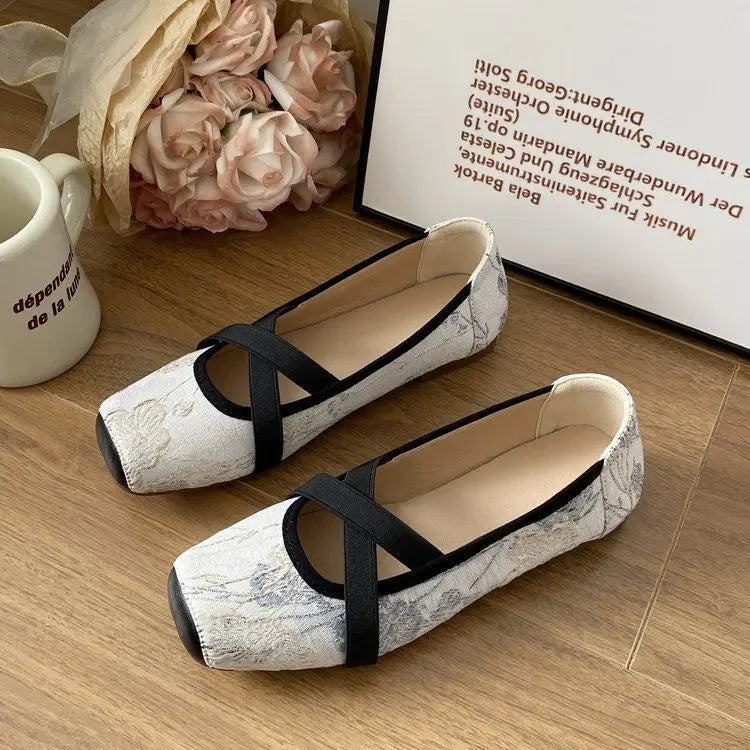 jinran Sweet Rose Pure Color Ballet Shoes Women New Retro Embroidery 2024 Summer Mary Jane Shoes Female Floral Cheongsam Single Shoes