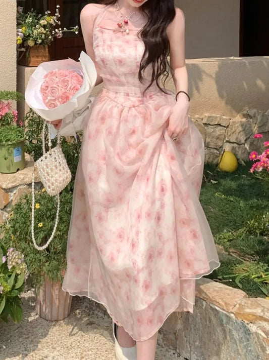 jinran Y2K Elegant Print Halter Dresses for Women Sweet Pink Casual Print Chiffon Sleeveless Party Dress Fairy Princess Vestido Mujer