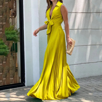 jinran Women's Jumpsuit Summer Fashion V Neck Sleeveless Lapel Solid Color Pleated Ties Loose Wide Leg Jumpsuit