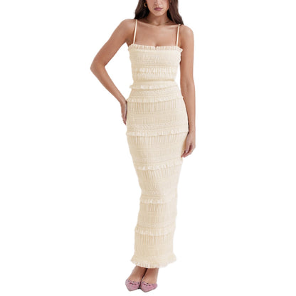 jinran Women Sling Long Dress, Sleeveless Off Shoulder Solid Color Ruffle Party Club Summer Spring Dress