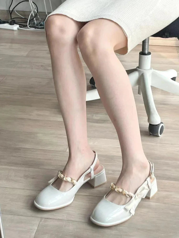 jinran Elegant Classic Round Toe Sandals Women 2024 Summer New French Niche High Heels Shoes Female White Chunky Mary Jane Single Shoes