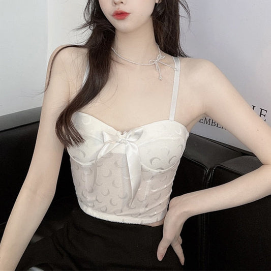 jinran Sexy Crop Top Women Crescent Moon Decorate Tank Top Bowknot Fixed Cup Padded Push Up Seamless Camisole Summer 2022 New