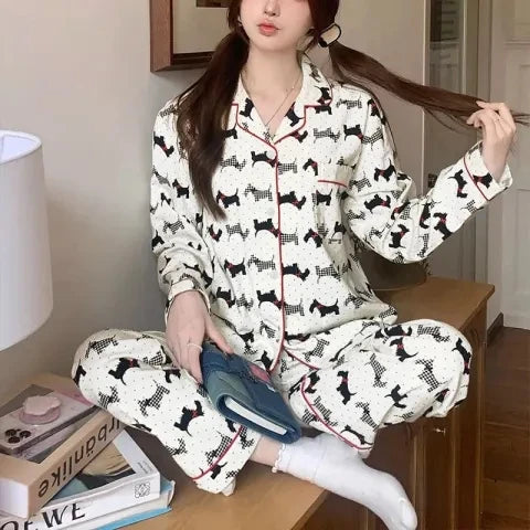 jinran 2024 Korean Style Spring Autumn Rest Pajamas for Women Fashion Long Sleeve Pants High Grade Elegant Comfortable Lapel Loungewear