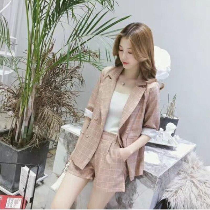 jinran Spring Summer Women Thin Casual Blazer Korean Fashion Graceful Plaid Suit Coat+Short Pants Two Pieces Set Workwear Female