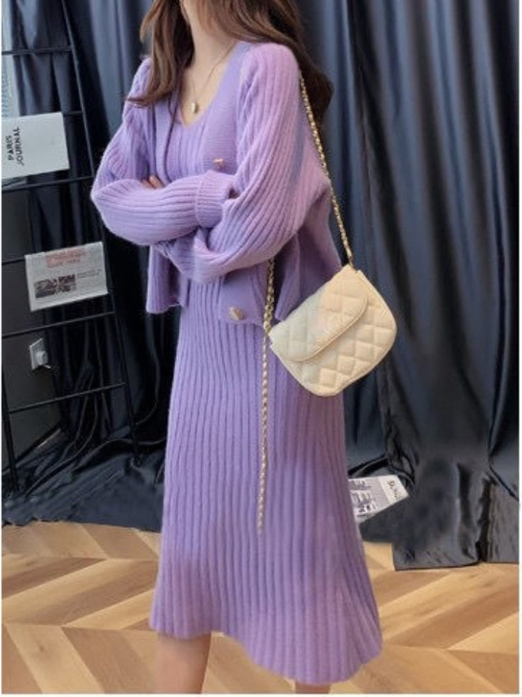 jinran Womans Clothes for Autumn Winter Loose Solid Knitwear Women's Two Piece V-Neck Casual Dress Set Long Sleeve Sweater Skirt