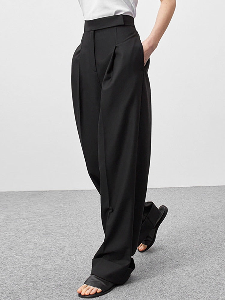 jinran Spring Summer Black Ladies Office Trousers Women High Waist Pants Pockets Female Pleated Wide Leg Pants Solid