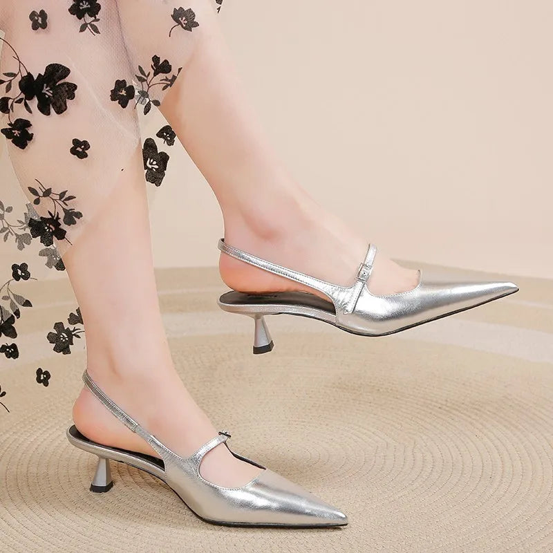 jinran Silver Patent Leather High Heels Women 2024 Summer New Pointed Toe Women's Slingback Sandals Comfortable Mid-heel Work Shoes