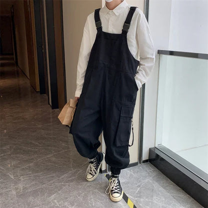 Suspenders Jumpsuit Pants Men Summer Overalls Japanese Loose Straps Casual Pockets Unisex Oversize Streetwear Solid Man Clothing