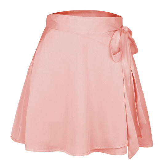 jinran Women Summer High Waist Lace-Up Loose Casual Chiffon Satin Mini Skirt Solid Color Bandage Fashion Club Elegant Skirts WDQ01