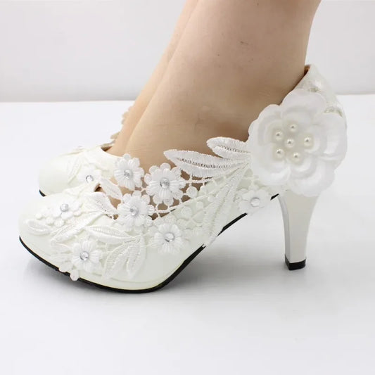 jinran White Flower Pumps New Arrival Womens Wedding Shoes Bride High Heels Platform Shoes for Woman Ladies Party Dress Shoes