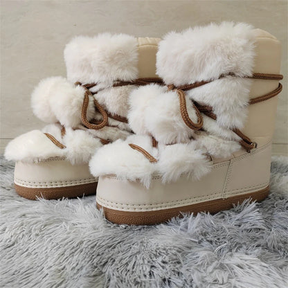 jinran 2024 Winter Snow Boots for Women Rabbit Fur Snow Boots Platform Lace-up Fluffy Furry Fur Ski Boots Female Warm Cotton Boots