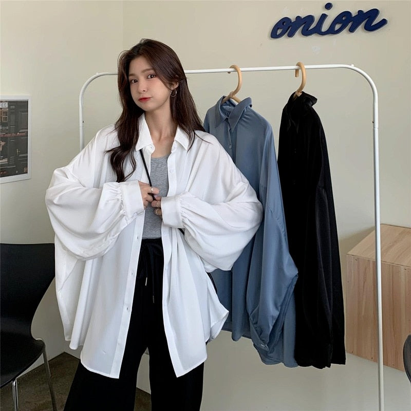 jinran Spring Summer Women Shirt Oversize Elegant Blouses for Women Lantern Sleeve White Shirt Mid-length Shir Coat Women Tunic