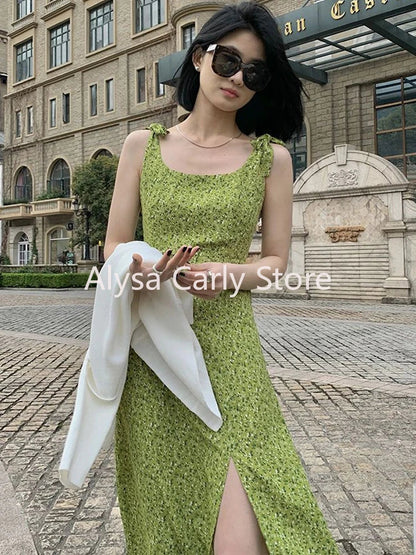 jinran Green Elegant Floral Midi Dress Women Casual Vintage Sexy Split Slip Dress Female 2024 Summer Korean Style Slim Club Party Dress