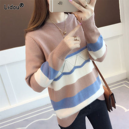 jinran 2022 New Striped Thick O-Neck Women's Clothing Loose Spliced Pullovers Medium Strech Casual Autumn Winter Sweaters Korean Trend