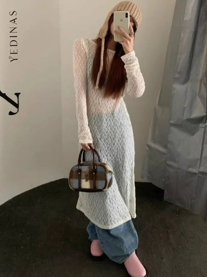 jinran Korean Fashion See-through Lace Dress Women Clothing Long Sleeve Streetwear Sheer Spring 2024 Party Dress Chic Vestidos