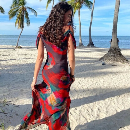 jinran Women Sexy Boho Floral Holiday Long Maxi Dress Summer Evening Party Mesh Sundress Vacation Spaghetti Strap A-line Dresses Robes