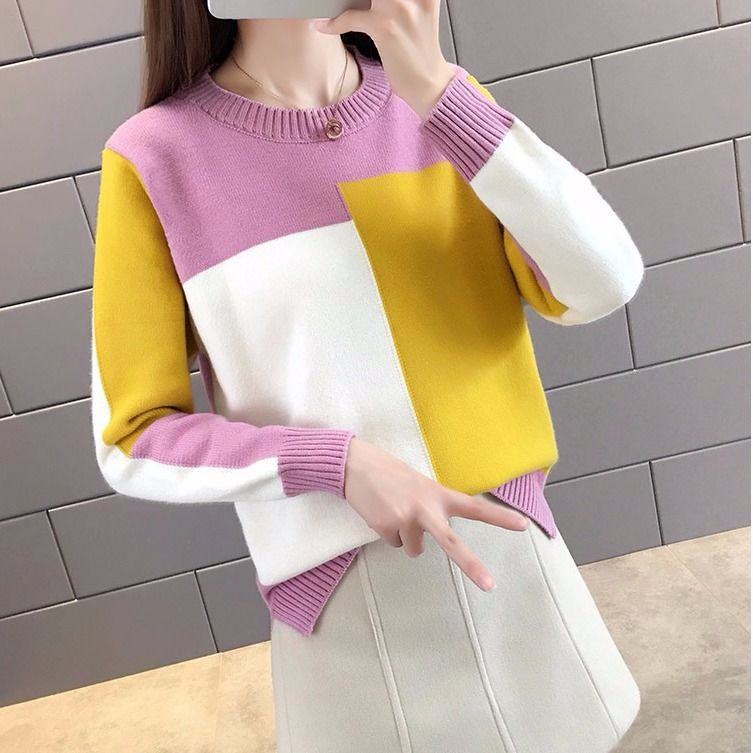 jinran Casual Irregular Autumn Winter O-Neck Women's Clothing Spliced Medium Strech Patchwork Thick Loose Bright Colors Pullovers New