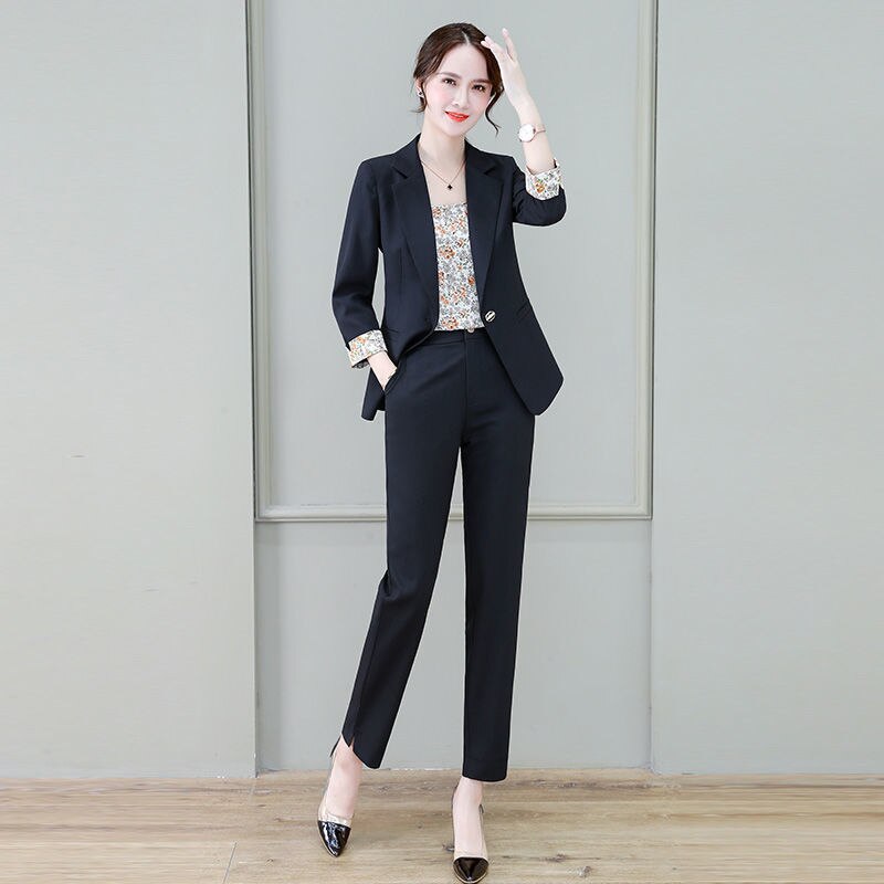 jinran 2022 Summer New Korean Fashion Elegant Women's Pants Suit Printed Vest Flannel Jacket Casual Trousers Three Piece Set Blazer