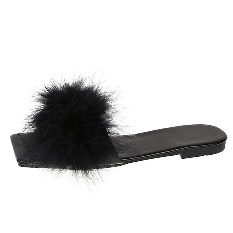 jinran Blue Summer Flat Fur Slipper Women 2024 Soft Bottom Non Slip Slides Shoes Woman Fashion Square Toe Fluffy Slippers