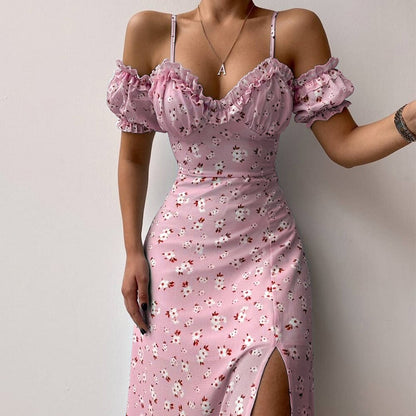 jinran Bohemian Floral Maxi Dress Women Maxi Dress Women Summer Off Shoulder Short Sleeve Corset Split Dress Elegant Beach Sexy Dresses