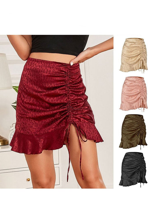 jinran Fashion Drawstring Leopard Print Satin Women Mini Skirt Summer High Waist Zip Up Ladies Fairycore Trend Miniskirt