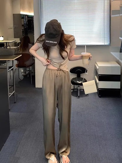 jinran High-Grade Draping Acetate Satin Wide-Leg Pants Women's Summer Thin Ice Silk Cool Smooth Pants Straight Mop Pants