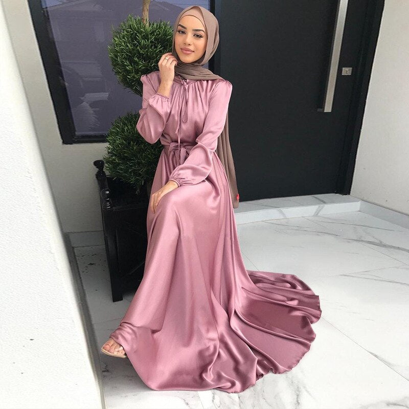 jinran Summer Elegant Solid Color Colorful Temperament Long Skirt Ladies Open Shouder Robe Satin Large Size Belt Muslim Woman Abaya