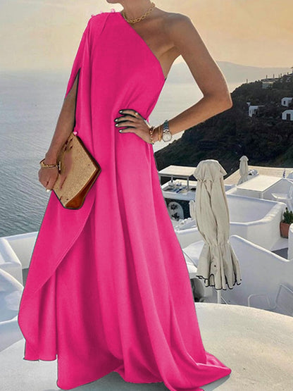 jinran New Summer Fashion One Shoulder Button Beach Long Dress Elegant Women Solid Loose Party Dress Sexy Diagonal Neck Boho Robe Dress