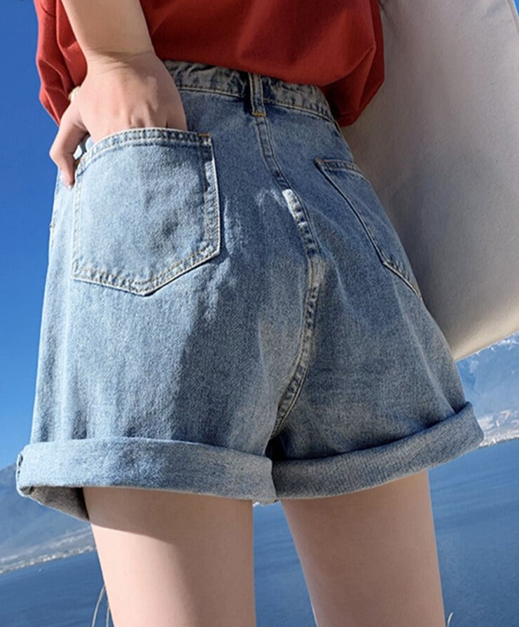 jinran New Summer Women High Waist Wide Leg Denim Shorts Casual Female Loose Fit Streetwear Solid Color Straight Jeans Shorts